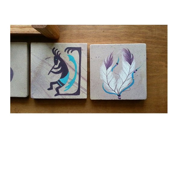 Arizona Sandstone Coasters Wood Holder Steer Head Kokopelli Feathers NEW Set 4 - Picture 5 of 6